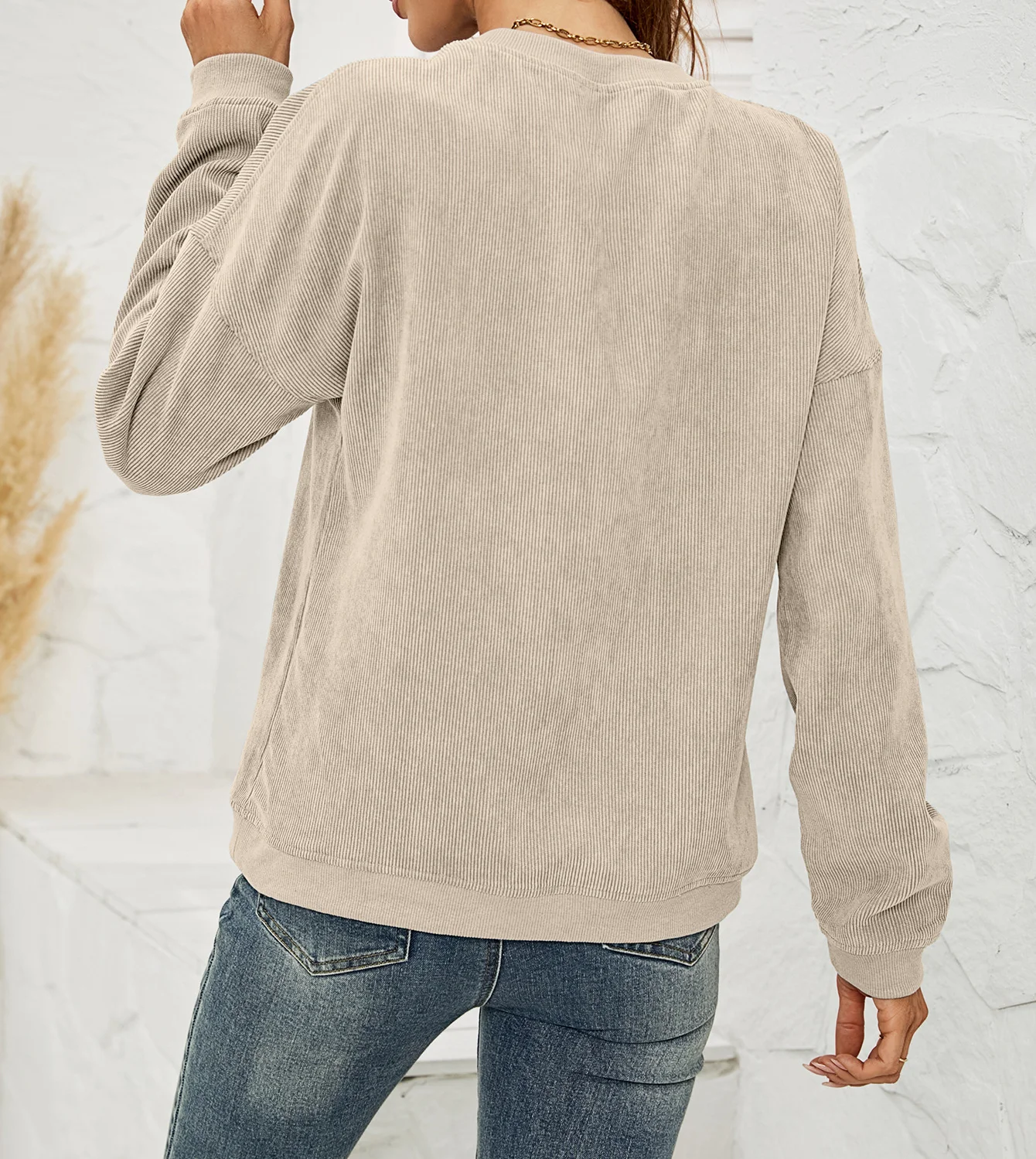 Women's Fashion Corduroy Solid Color Pullover Sweatshirt Casual Women's Clothing Autumn Round Neck Long Sleeved Loose Daily Top