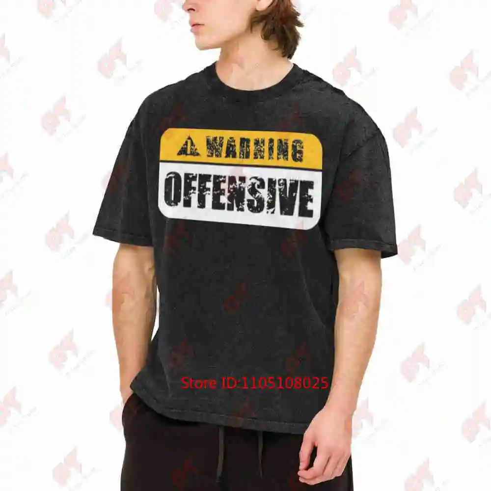 Warning Offensive Sign Funny Joke Distressed Vintage Washed Tee Pure Cotton T-Shirt