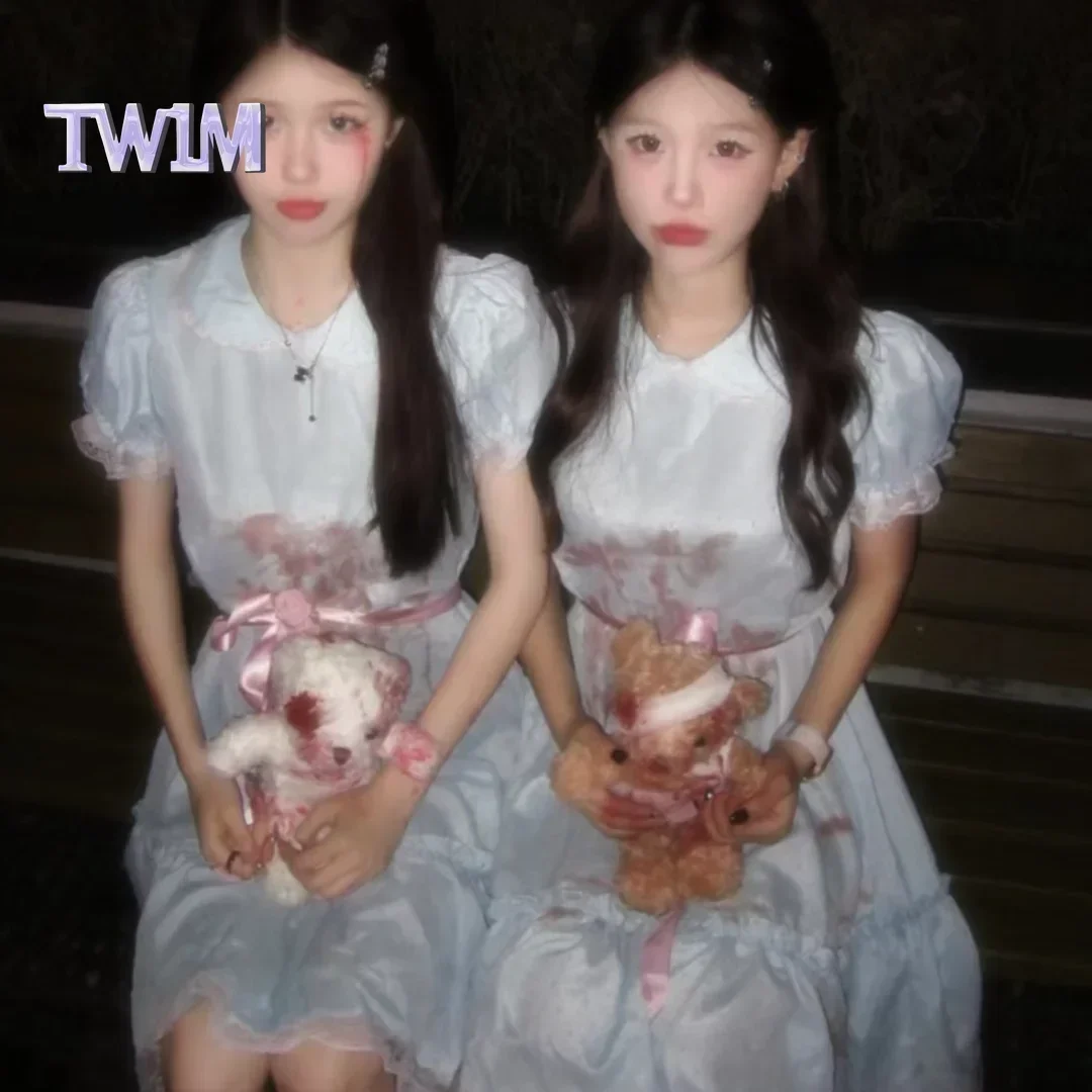 Movie The Shining Twins Lisa Louise Burns Sister Cosplay Costume Dress Blue Maid Halloween Carnival Birthday Party Dress Up