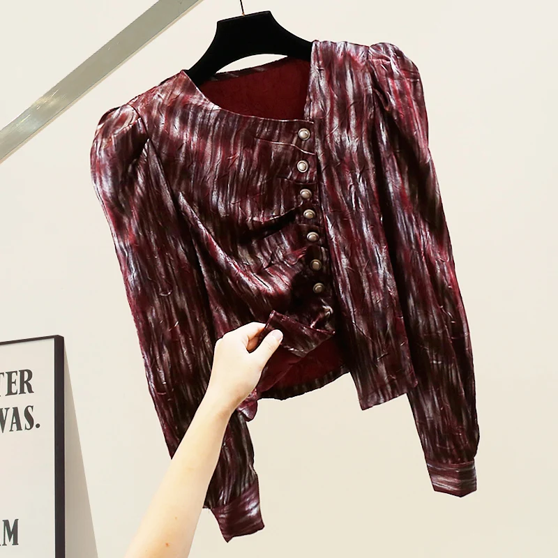 

Faionable Heavyweight Pleated Long Sve Women's irt Sli Slim Fit Korean Design Sense Trendy Color Blo Top