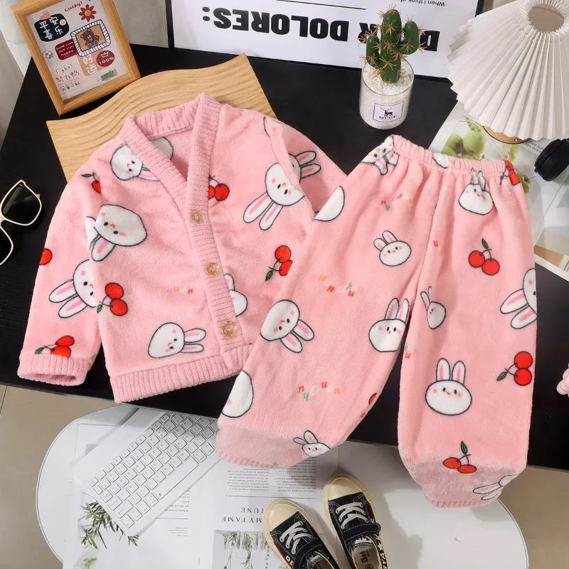 아동 가을 겨울용 두꺼운 따뜻한 플란넬 파자마 세트 아기 만화 곰 토끼 V넥 코트와 바지 남아 여아 캐주얼 홈웨어