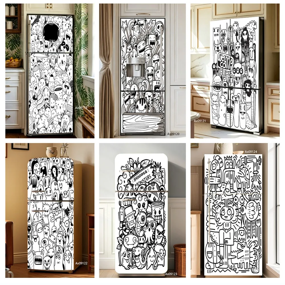 Black‑White Line Art Doodle Monster Fridge Sticker Full Door Covered Wallpaper Self-adhesive Sticker for Wall Decals Home Decor