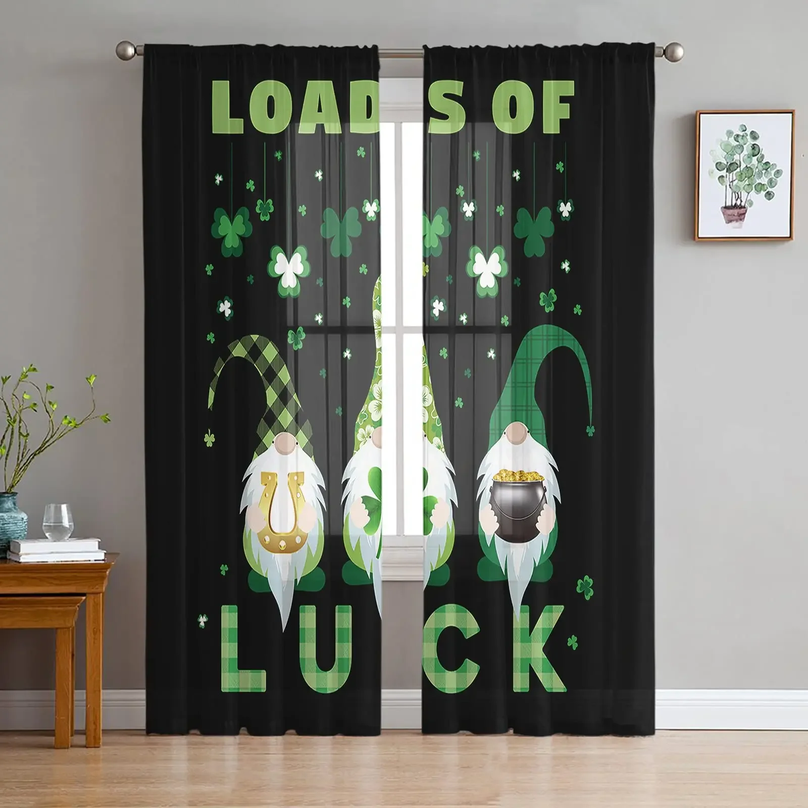 Sheer Curtains For Bedroom Living Room Bedroom St. Patrick's Day Green Truck Carrying Lucky Clover Rod Pocket Voile Curtain