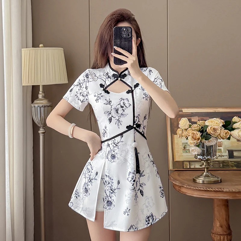 2026 New Elastic Cheongsam Dress+Shorts 2 Piece Set Women Black Floral Print Side Split Tassel Hollow Out Summer White Outfit