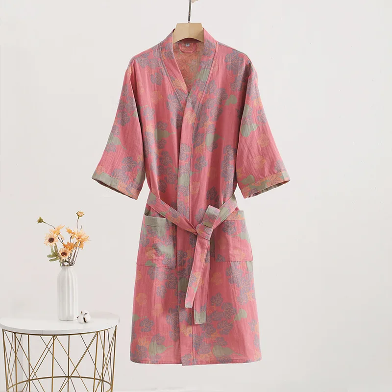 

Women New Sleepwear Robe Spring Summer Thin 100% Cotton Double Layer Gauze Nightgown Flower Printed Pajamas Bathrobe For Female