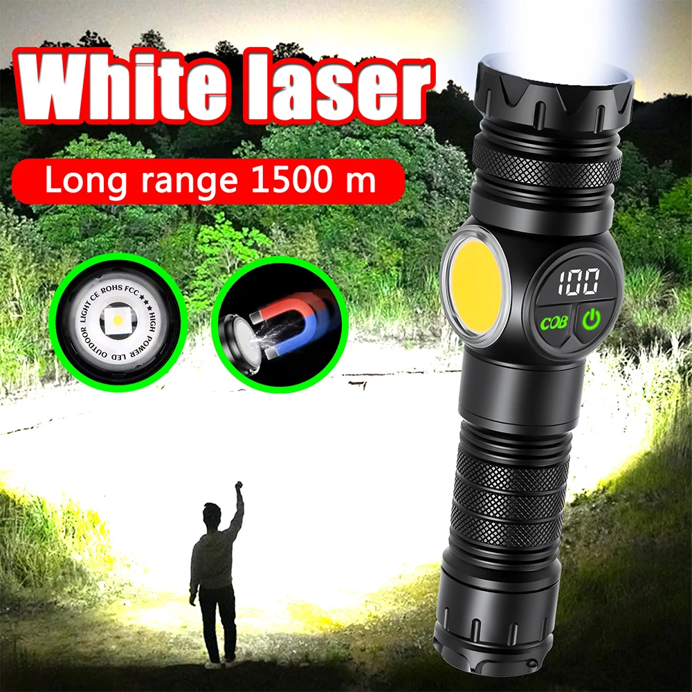 COB Glare Flashlight Long Range Zoom White Laser Tail Strong Magnetic LED Outdoor Camping Lighting Aluminum Alloy Lanterna