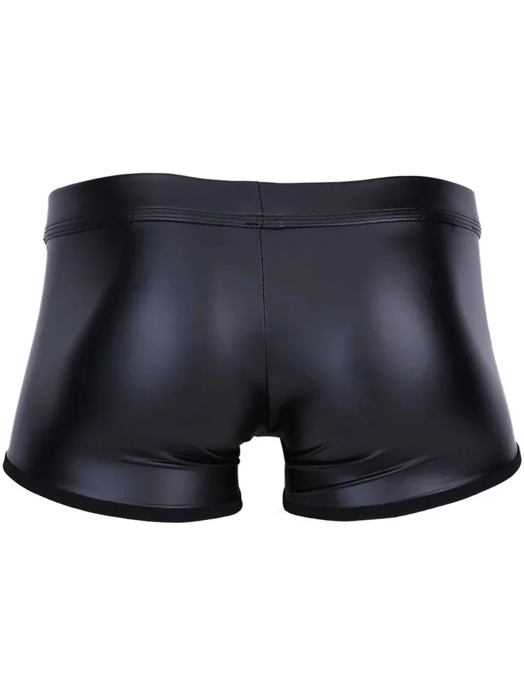 S-5XL Faux PU Leather Boxershorts Metal Ring Convex Pouch Mens Boxer Shots Hollow Out Trunks Tights Sexy Calzoncillo Underwear