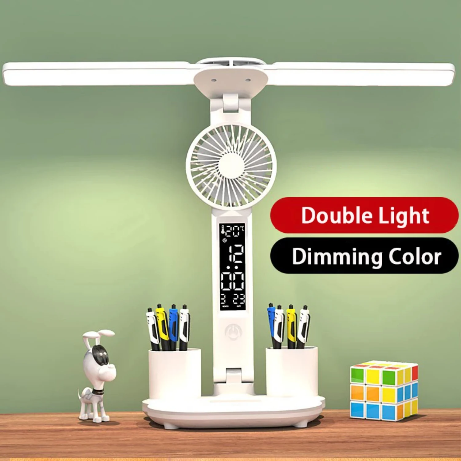 Double-headed LED Fan Rechargeable Table Lamp with Eye Protection for Student Dormitory and Bedroom