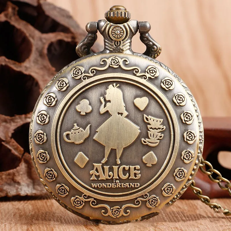 Retro Bronze Dream alice Rabbit Poker Carousel Accessory Quartz Pocket Watch Chain Necklace Pendant for Girl Women