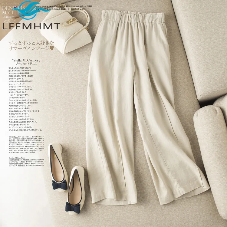 

7604 Cotton Linen Wide Leg Ankle Length Pants Women Spring Summer Fashion Korean Style Elastic Waist Solid Color Simple Trouser