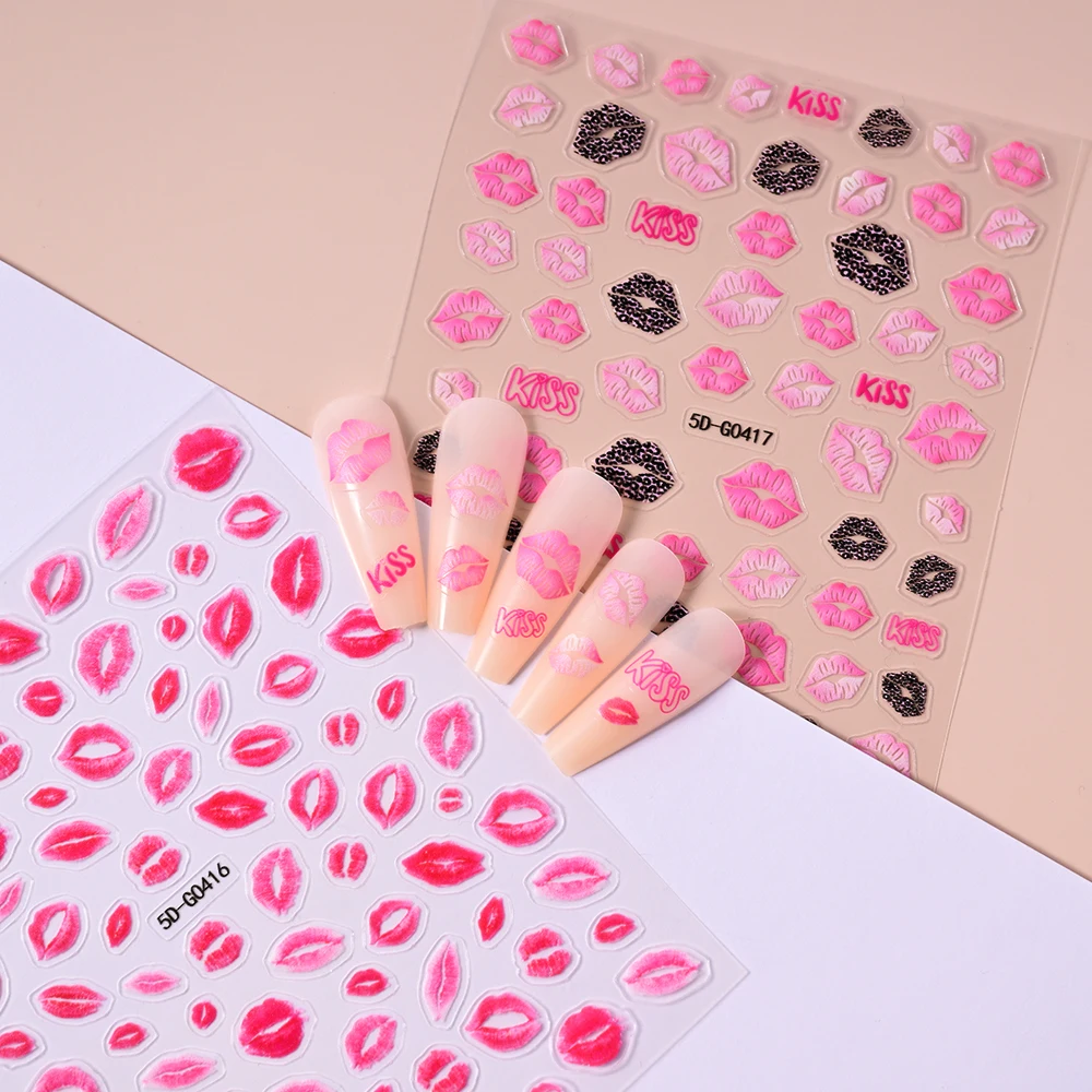 5D Sexy Lippen Nagelaufkleber Liebe Herz Buchstabe „KISS“ Rosa Rose Rote Lippen Nagelaufkleber Valentinstag DIY Romantische Maniküre Sliders