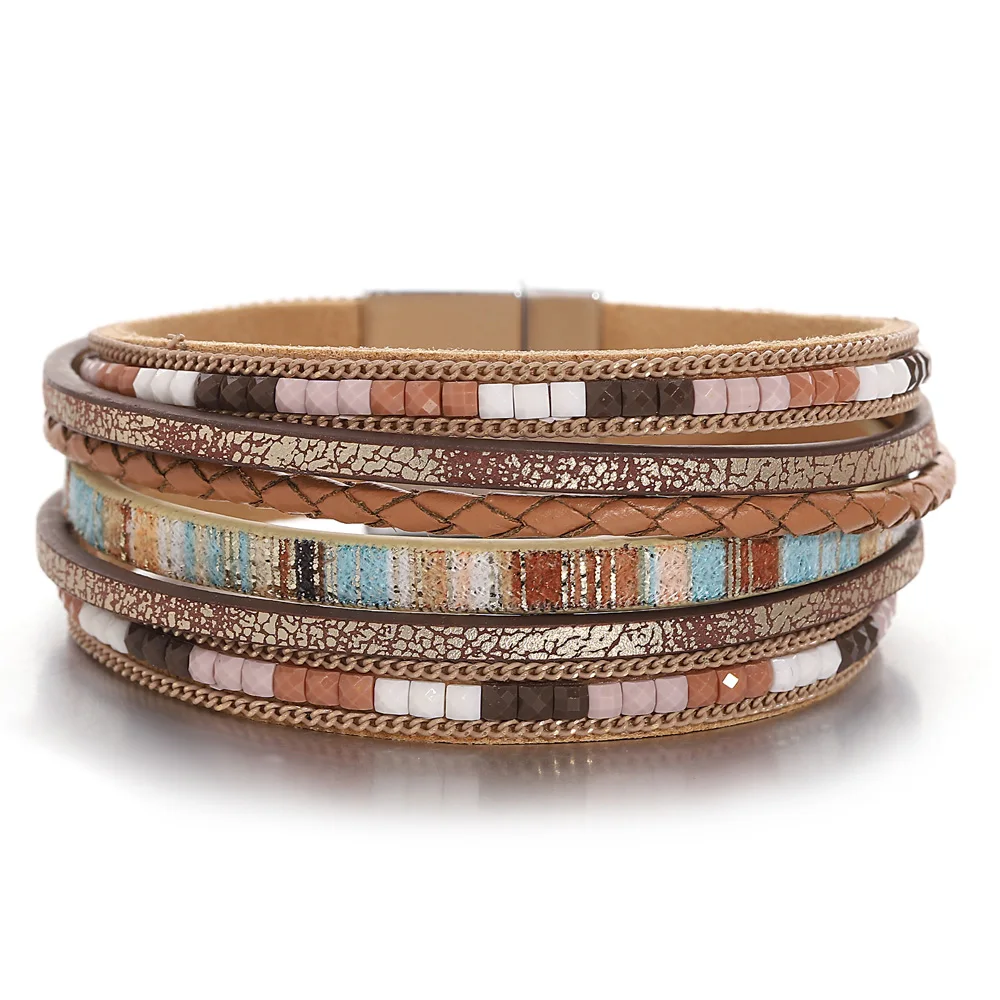 ALLYES Vintage Mixcolor Seed Beads Handmade Braided Leather Bracelet for Women Boho Multilayer Wrap Bracelets Charm Jewelry