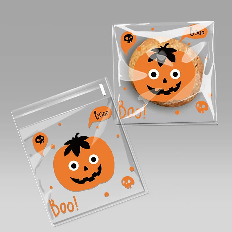 100pcs Cookie Bags Plastic Translucent Pumpkin Bat Halloween Party Favors Self-adhesive Candy Bag Gift Baking Packaging Bag