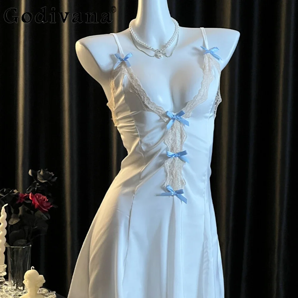 

Girl Lace Bow Nightdress French Court Style Sexy Ice Silk Suspender Pajamas Women's Sleepwear