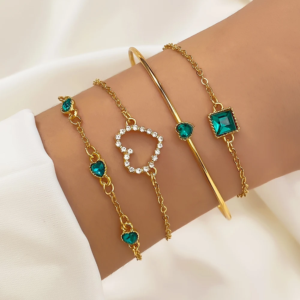 Emerald Green Gemstone Circle Bracelet Jewelry Set for Women Heart Bracelet Wedding Engagement Bracelet Fashion Jewelry