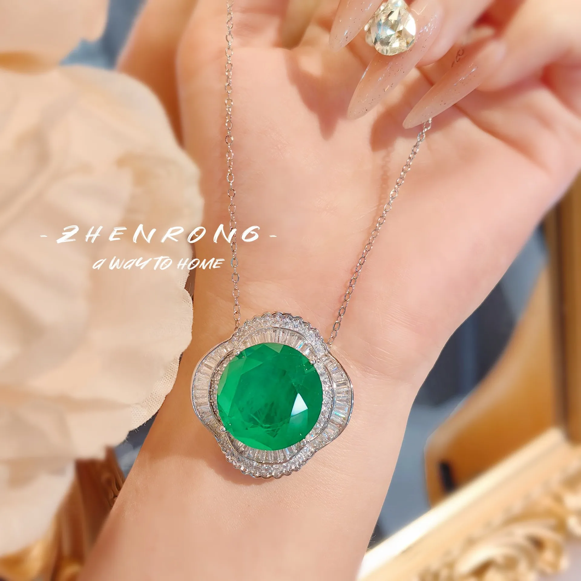 Exquisite Round Cut Tourmaline Emerald Jewelry Sets Luxury Platinum Plating Round Shape Retro Ring Earring Necklace Accessories