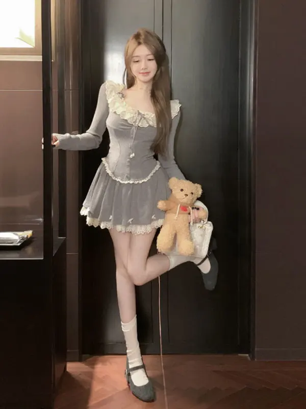 

Spring Knitted Top And Skirt Set Women's Fashion Comfortable Breathable Two-Piece Suit V-Neck Long Sleeve High Waist