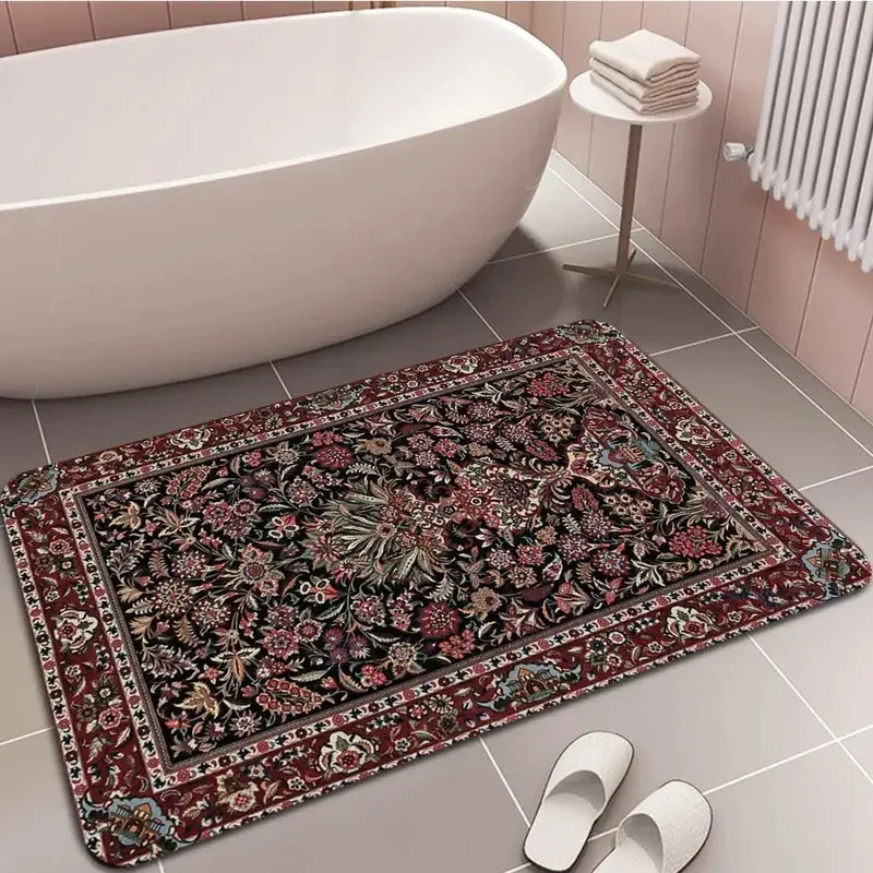 

VIKAMA Vintage Persian Floral Bathroom Rug Non-Slip Wear-Resistant Home Decor Bath Mat Entrance Hallway Rug Home Decor
