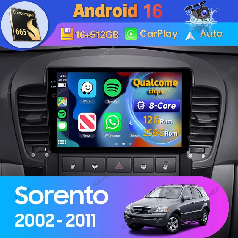 Radio Multimedia para Auto con Android 16 y Carplay para Kia Sorento BL 2002 2003 - 2011, Reproductor Estéreo de 8 Núcleos, Video, GPS, Unidad Principal, BT, DSP
