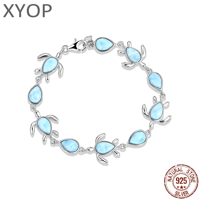 XYOP 925 Silver Gift Turtle Pear Shaped Natural Larimar Bracelet,The Girl Next Door Is Clean And Calm