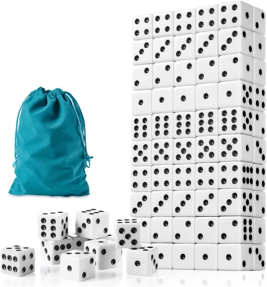 

100 Opaque White Dice 16mm Six Sided with Pouch for Board Games Classroom Math