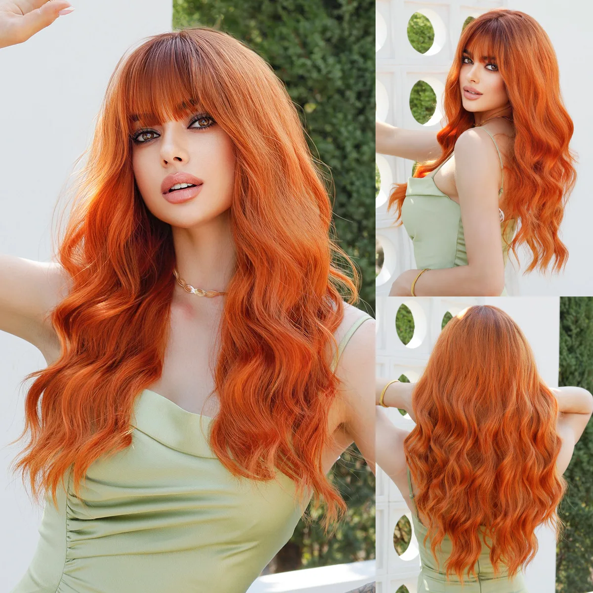 

orange with bangs, wavy long curly hair and ginger wig headgear Orange Ginger Wigs