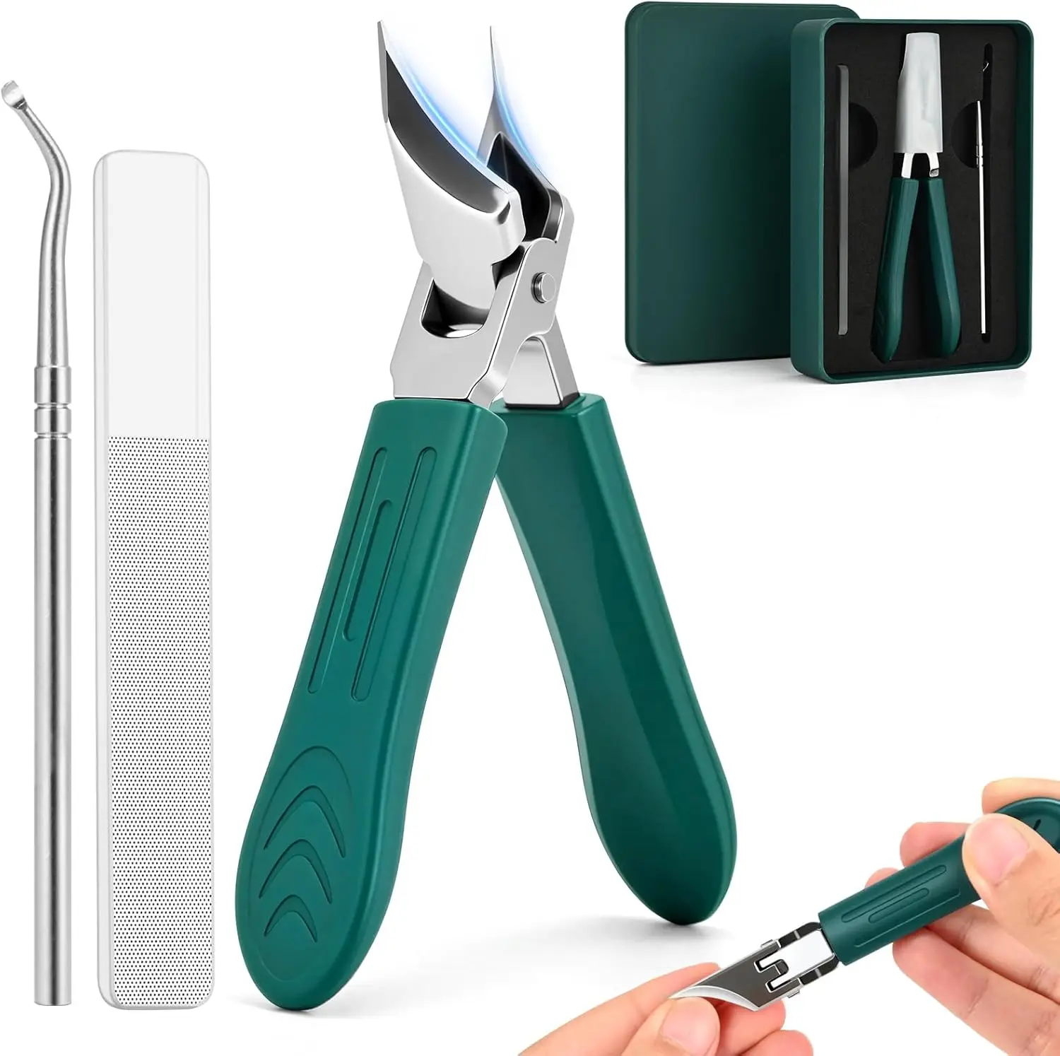 

Upgraded Eagle Beak Beveled Nail Clippers, Long Handle Wide Jaw Slanted Nail Clipper, Eagle Beak Angled Edge Nail Clippers 3-Piece Set, Wide Jaw Opening Anti-Splash Nail Clipper for Men Women(Green)