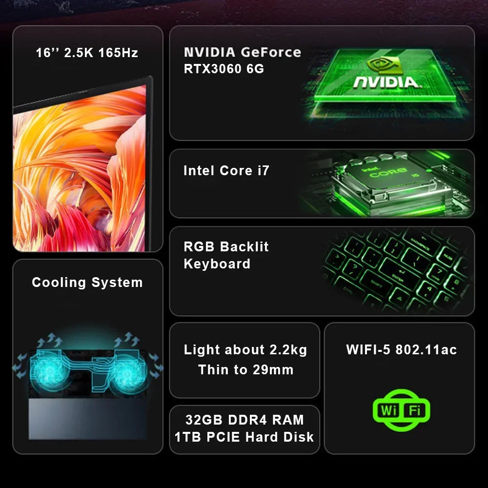 Carbayta แล็ปท็อปสำหรับเล่นเกมพร้อมลายนิ้วมือ NVIDIA RTX 3060 6GB RAM 16นิ้ว2560x1600 IPS I7 12700H Windows 11 10 Pro PCIe NVMe SSD