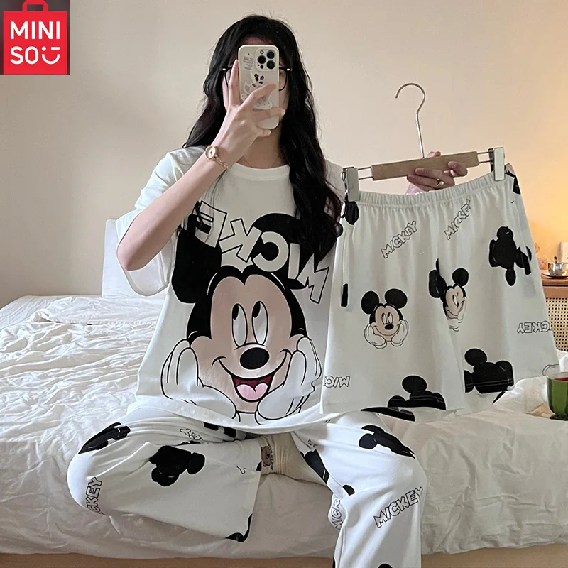 MINISO women's three-piece summer thin short-sleeved shirt and pants casual cute cartoon outer wear home wear
