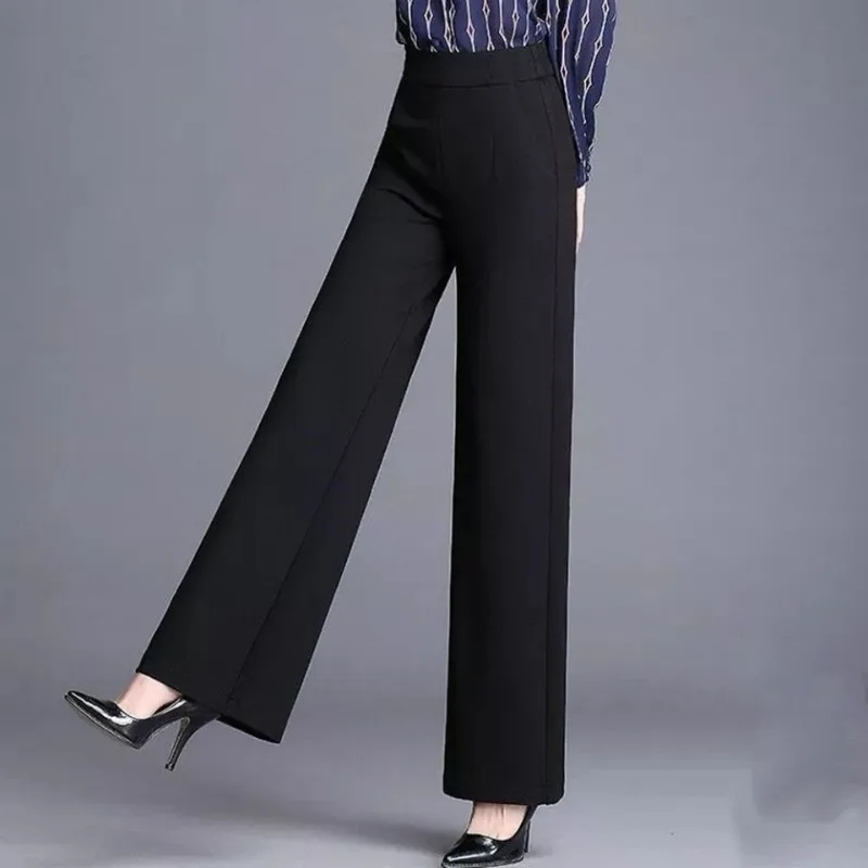 

Women's Spring Autumn New Fashion Elegant Solid Pocket Elastic Versatile Commuter Loose High Waist Straight Leg Wide Leg Pants