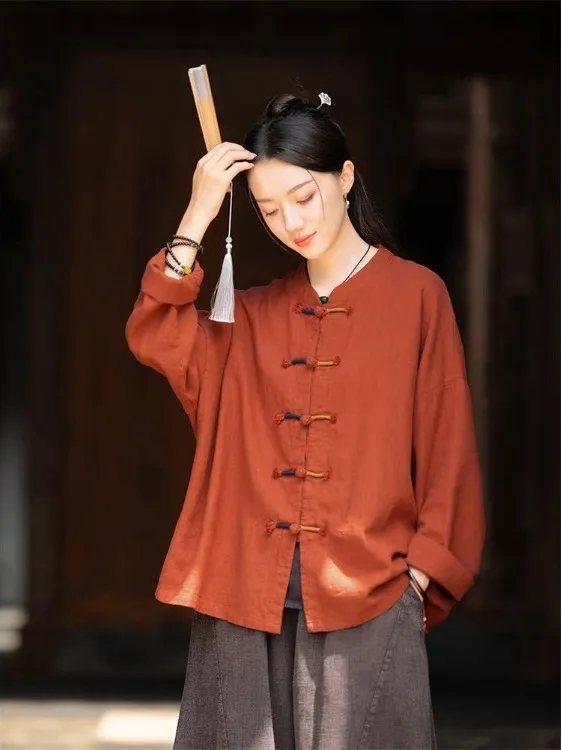 신상 중국 스타일 여성 봄 가을 면 린넨 태극복 버튼 카디건 세트 루즈핏 롱 슬리브 캐주얼웨어