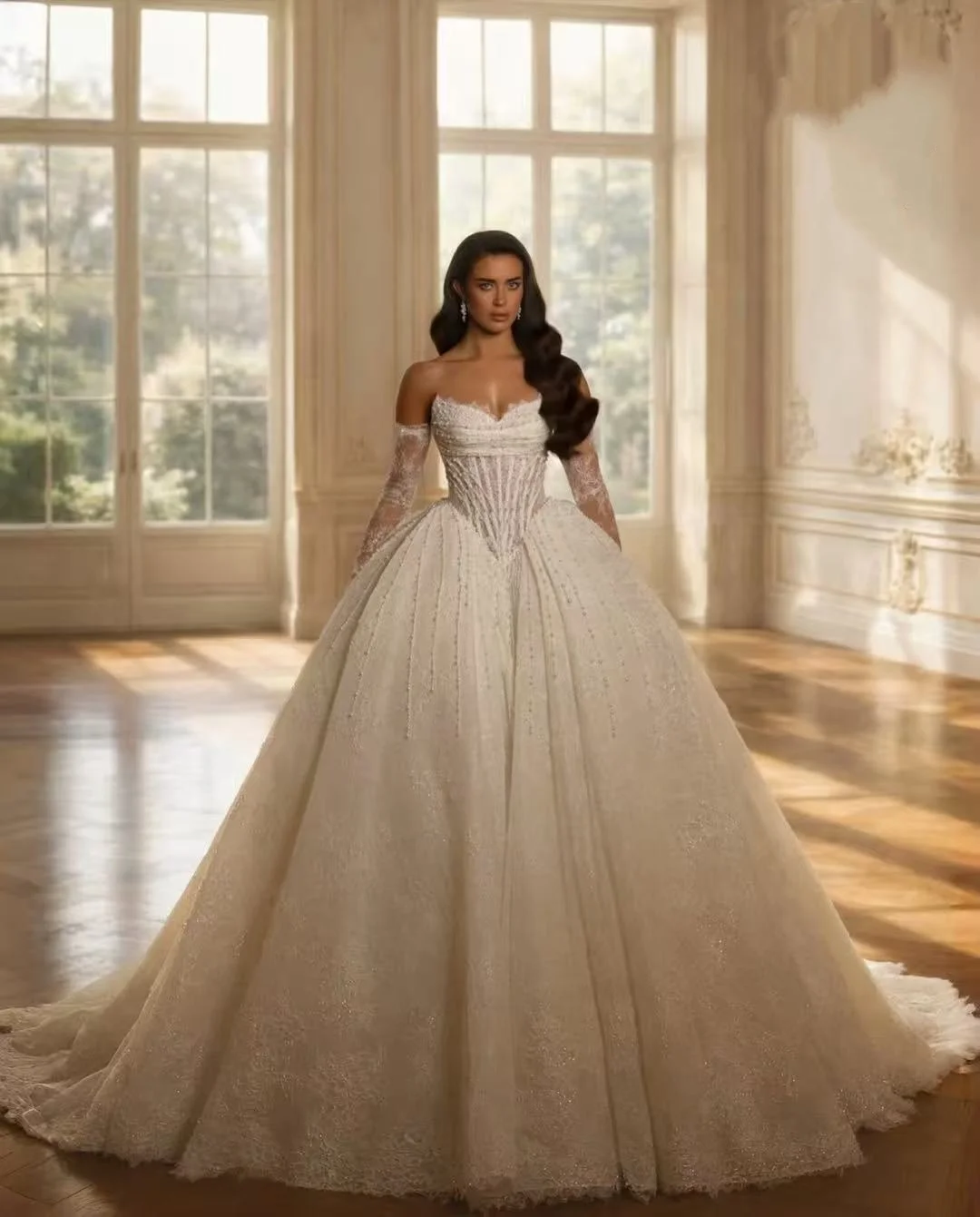 Luxury Sparkly Ball Gown Wedding Dress Off Shoulder Long Sleeves Princess Bridal Gown Beaded Lace Amanda Novias Official