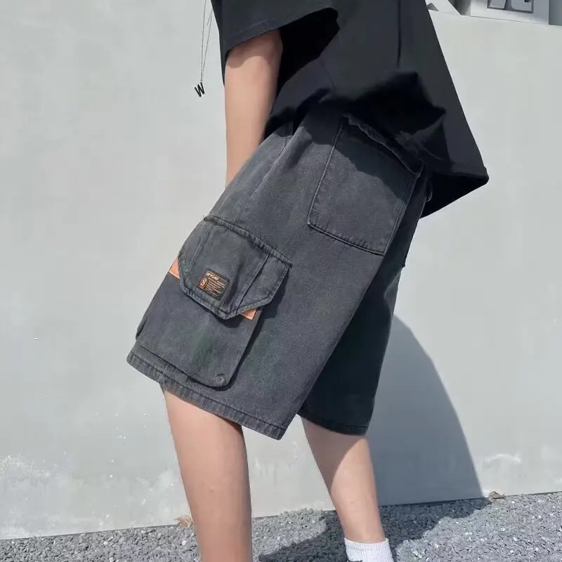 ผู้ชายฤดูร้อนกระเป๋าขนาดใหญ่ Workwear Drawstring กางเกงยีนส์กางเกงขาสั้นแฟชั่น Slim ธุรกิจหลวมห้าจุดกางเกงยีนส์กางเกงขาสั้น