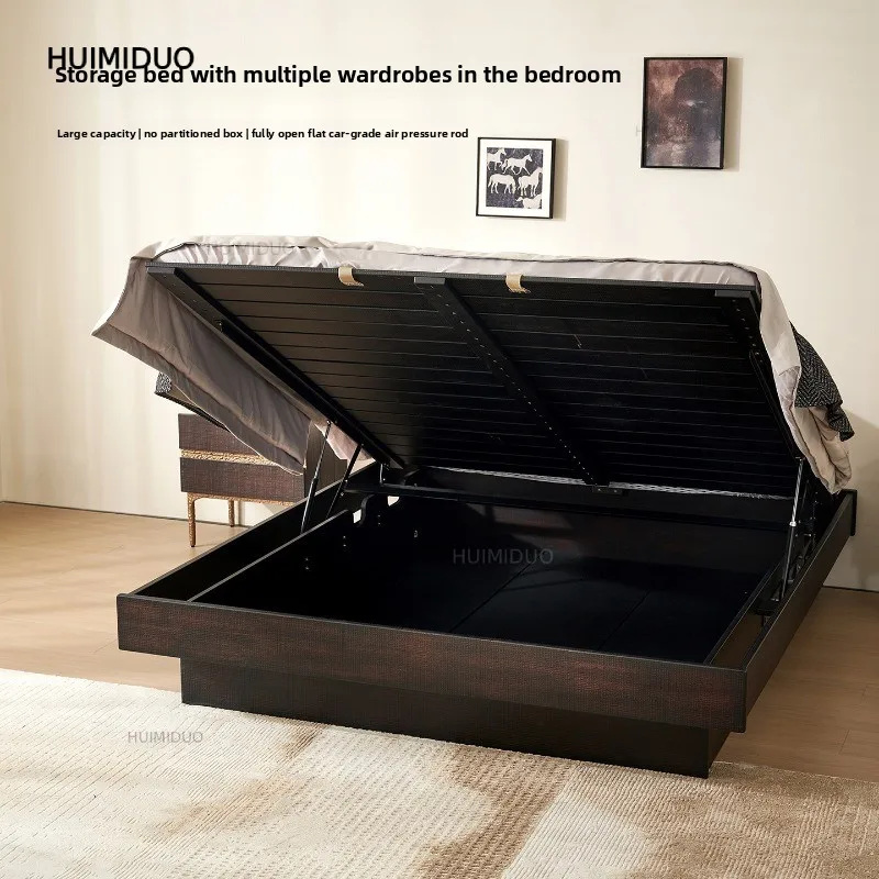 French Retro Medieval Minimalist No Bedside Suspended Bed Frame Storage High Box Tatami Double Full Solid Wood Bed Furniture