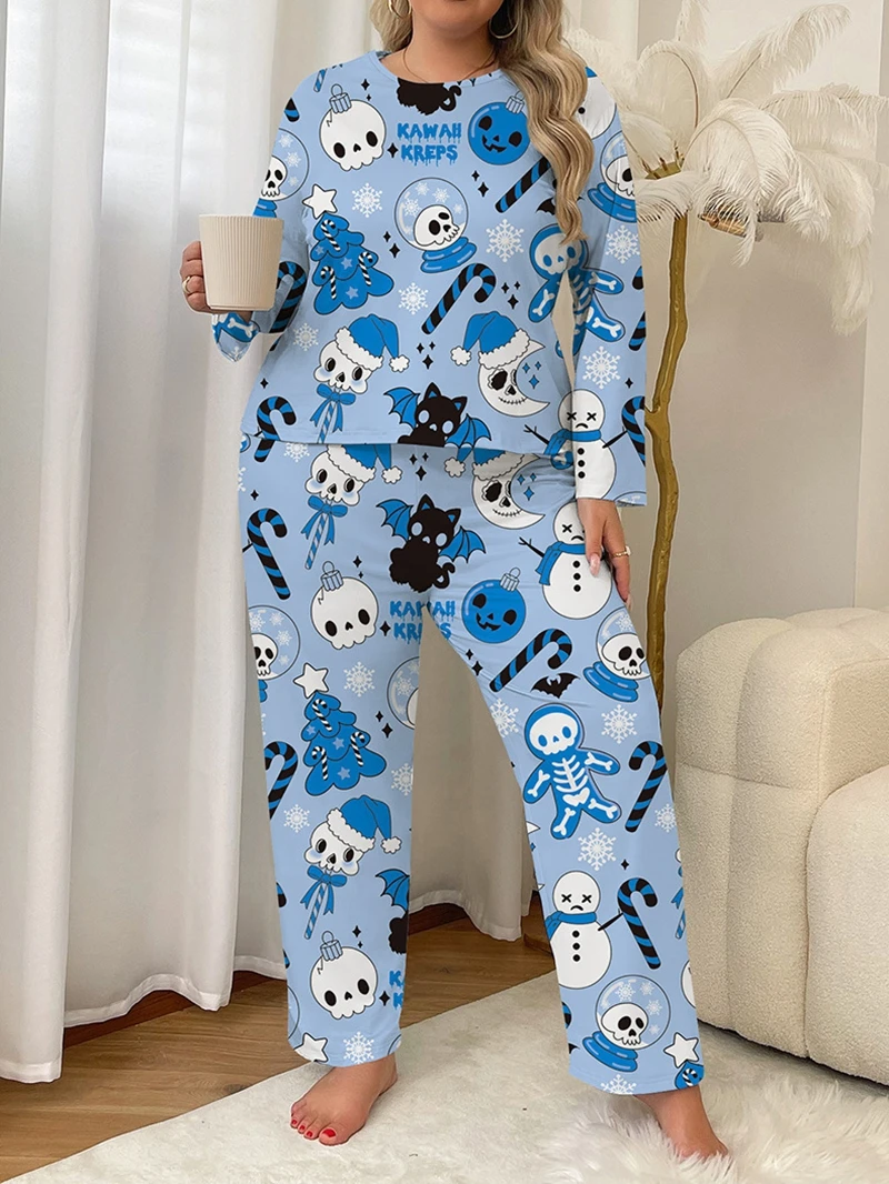 

Пижамный комплект с принтом снеговика на Хэллоуин, атласный топ с длинными рукавами и длинные брюки с рисунком черепа, женская одежда для сна, домашняя одежда