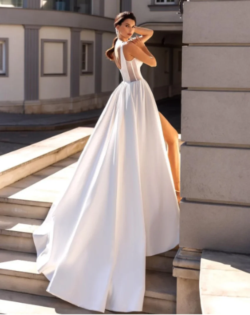 Robe de mariée en satin blanc, dos nu, tenue élégante, couleur unie, coupe trapèze, fendue sur le côté, 2024