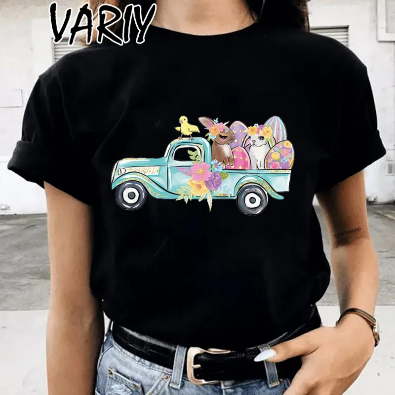 Cute Bunnies Black T-shirt Women Happy Easter Day Gift Tshirt Funny 90s Short Sleeve Graphic Holiday Top Tee Shirt Femme 2022