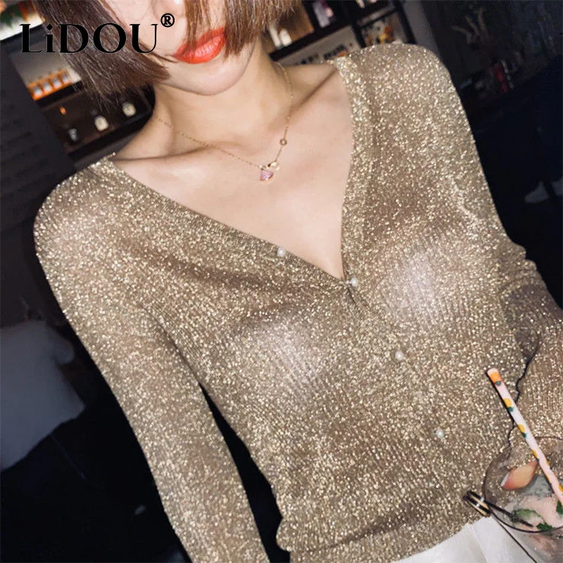 Spring Autumn V-neck Sequins Slim Sweater Cardigan Women Streetwear Trend Fashion Y2K Popularity Coat Sey Mesh Female Clothes