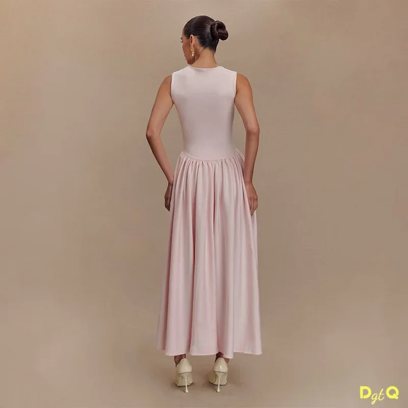Różowa elegancka sukienka z kwadratowym dekoltem i długim paskiem dla kobiet Elegancka sukienka bez rękawów z wysokim stanem Lady Holiday Dailywear