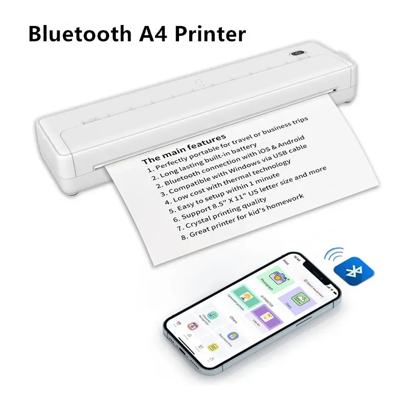 

Портативный термопринтер формата А4 поддерживает термальную бумагу формата А4 8,26x11,69 дюйма, беспроводные мобильные дорожные Bluetooth-принтеры для дома и офиса