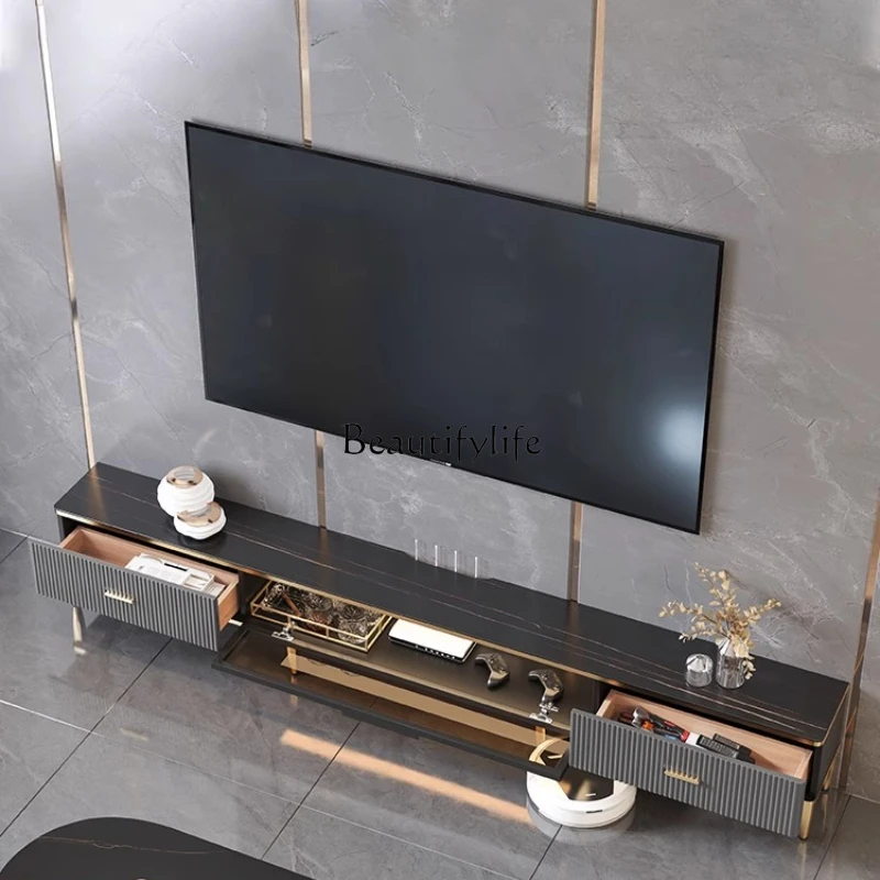 

*Light luxury rock slab TV cabinet coffee table combination Italian living room modern simplicity