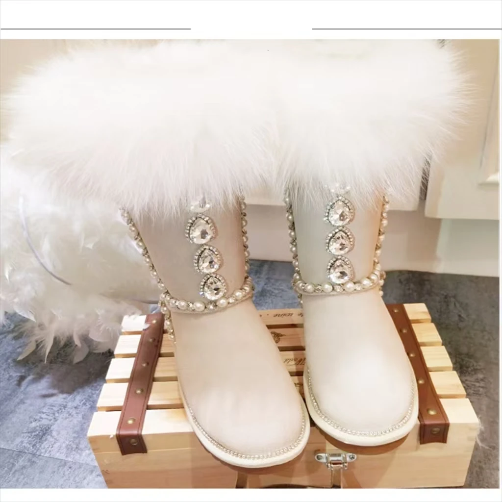 Natural fox hair custom tall rhinoceros pearl fur one large size warm snow boots 35-44