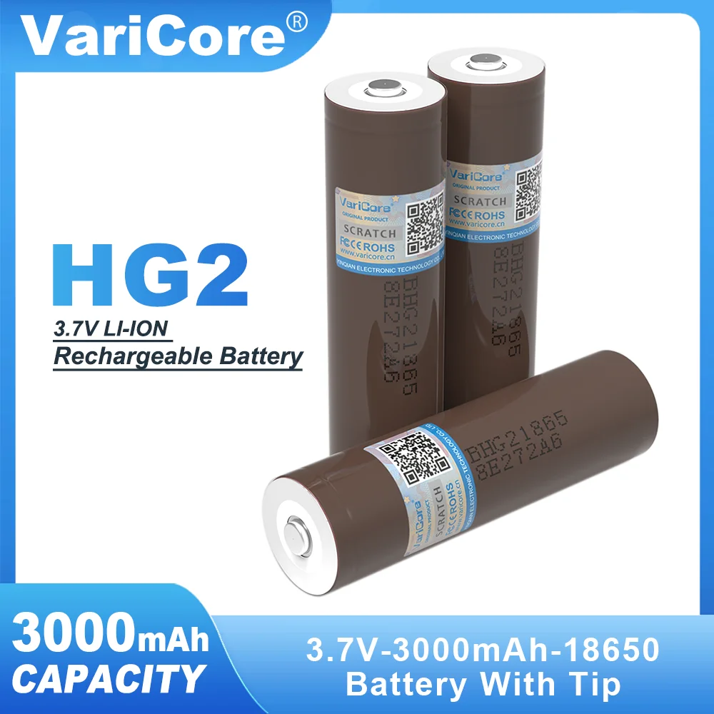 VariCore Original HG2 18650 3000mAh Rechargeable Battery 3.7V/3.6V discharge 20A dedicated For hg2 batteries + DIY Tip