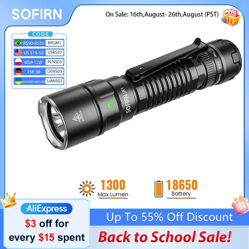 Lanterna Tática SOFIRN SK1 479m 1300LM EDC Recarregável com LED SFT25R, Lanterna de Destaque com Interruptor Traseiro e Interruptor Rotativo