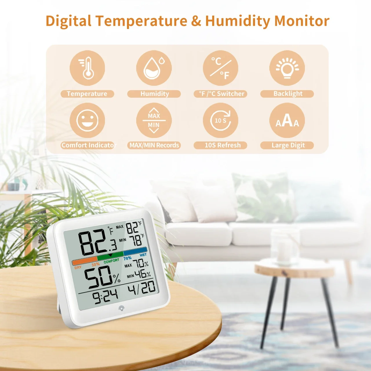 New Miiiw Temperature And Humidity Clock Home Indoor High-precision Baby Room C/F Temperature Monitor Backlight Large LCD Screen