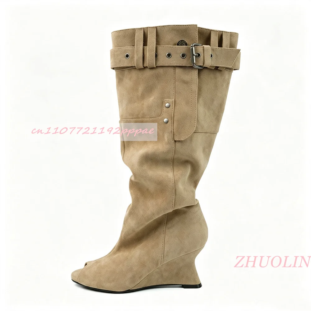 Women Open Toe Boots Slouchy Tall Boots Beige Suede Wedge Heel Peep Toe Shoes Buckle Strap Detail Western Fashion SummerFootwear