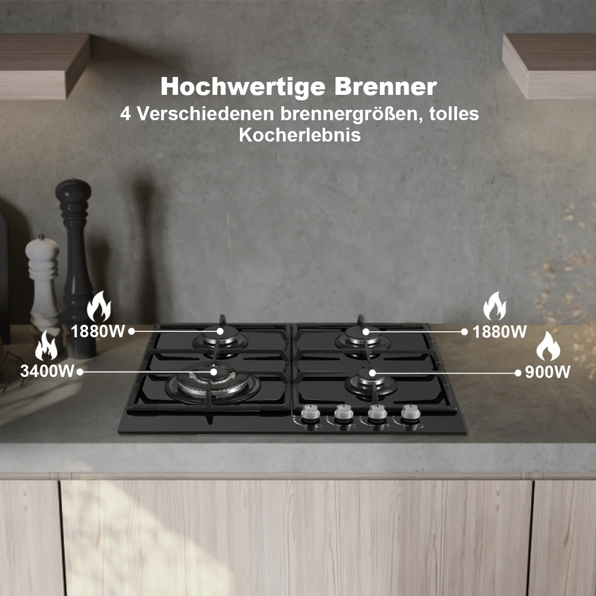  موقد غاز 58 سم | 4 شعلات مزدوجة الوقود (NG/LPG) 8060 واط إيقاف اللهب التلقائي وسطح الزجاج المقسى | مدمج/ قائم بذاته 220-240 فولت #4