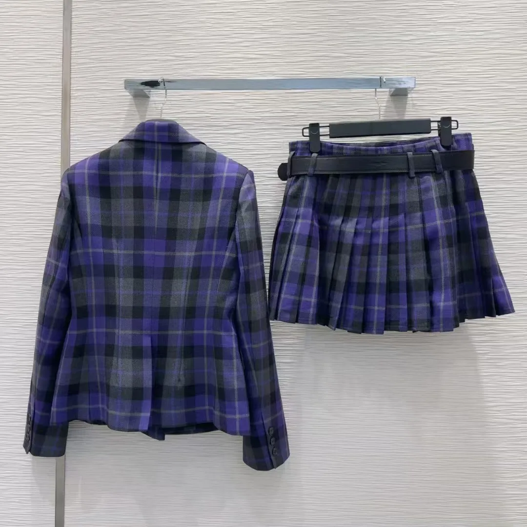 High end customized women's plaid jacket+half skirt set