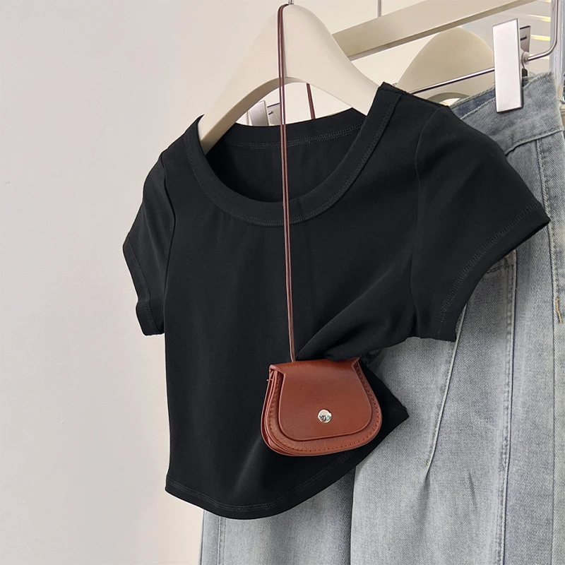 Zjaiss 2026 Sommer U-Ausschnitt Kurzarm Damen T-Shirt Modisches Slim Fit Crop Top Einfaches Lässiges Vielseitiges Y2K Oberteil