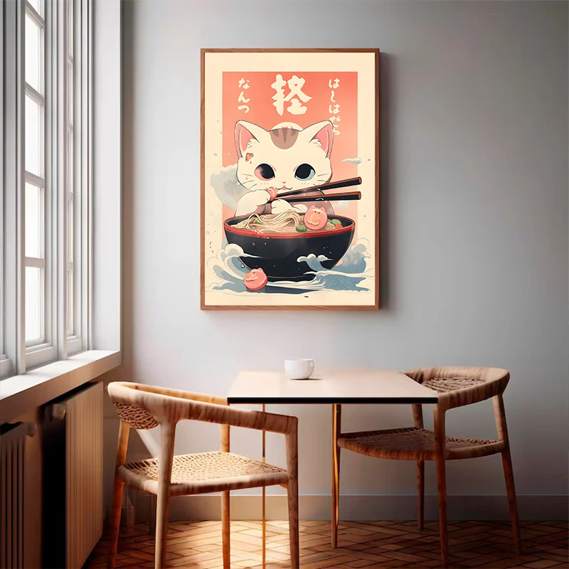 Kawaii Japanese Ramen Animal Cats Posters Canvas Paintings and Prints Noodles Food Wall HD Pictures For Kitchen Room Home Decor